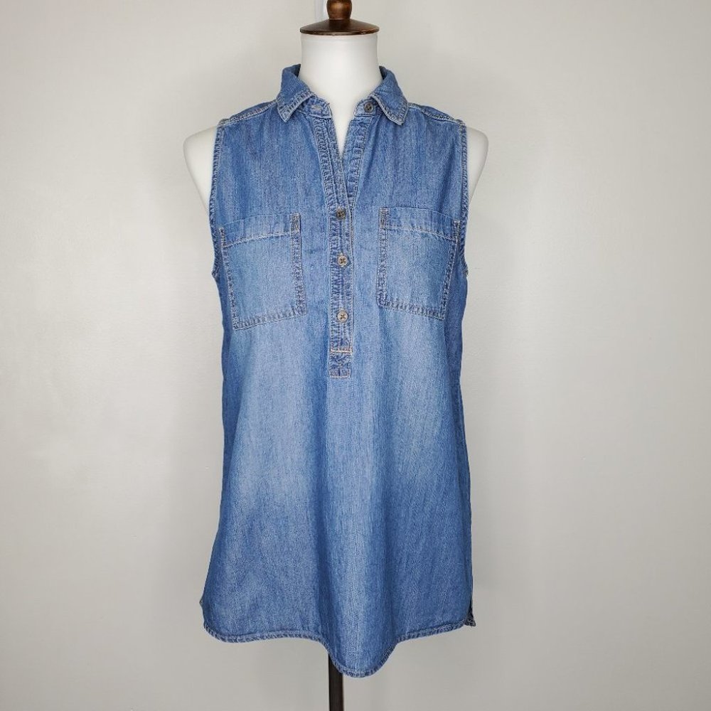 Sonoma Chambray Sleeveless Partial Button Front Pullover Top Blouse Size S